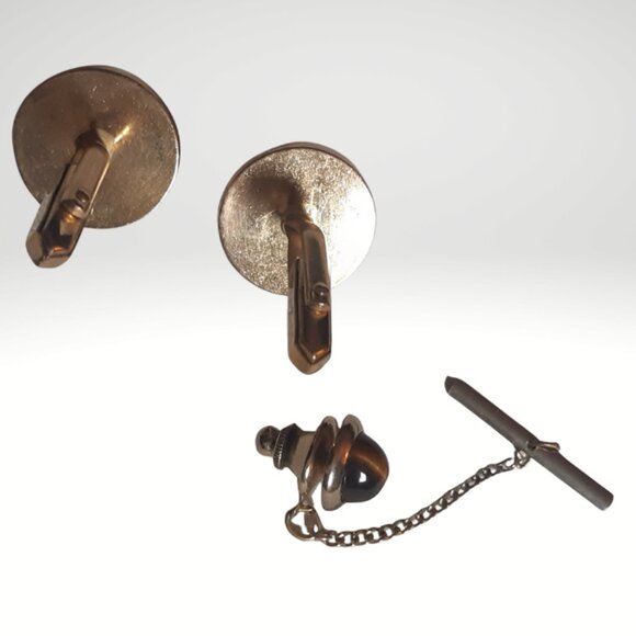 Vintage Tiger's Eye Cuff Link & Tie Tack Set Gold Tone - Picture 6 of 10